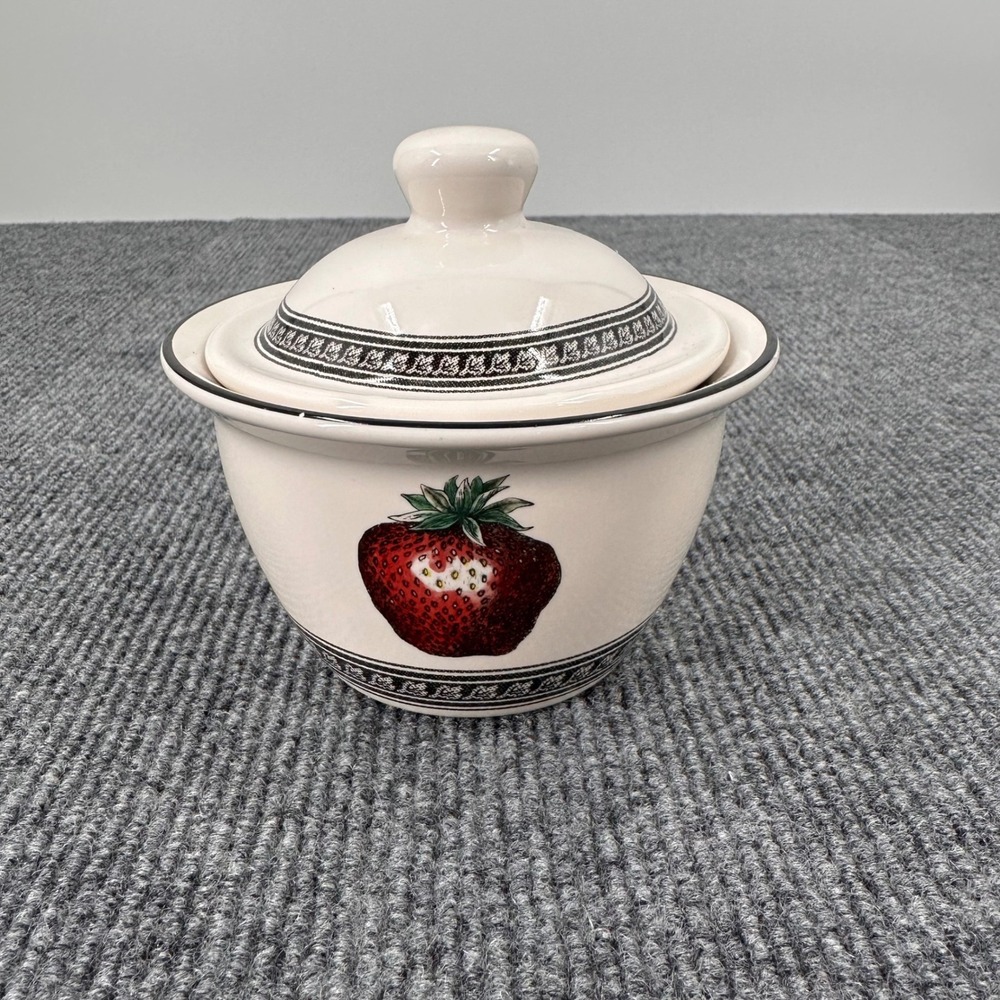 90s Pfaltzgraff Farmers Market Sugar Bowl w Lid Strawberry Fruit Cream Kitchen